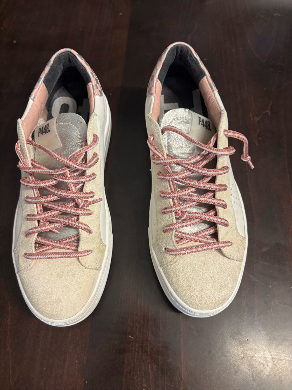 P448 Women's Low-Top Sneakers in Beige with Pink Laces